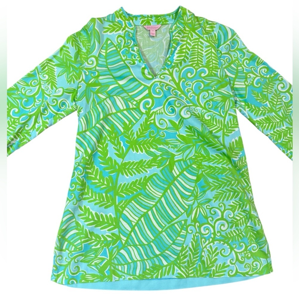 Lilly Pulitzer Bright Green Blue Tropical Leaf Print Ciara Tunic Top Size Medium - Picture 4 of 10